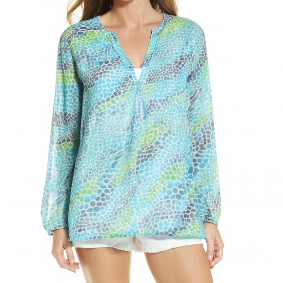 Perry Ellis Blue Ocean Green Peasant Blouse White Medium NWT - Picture 1 of 7